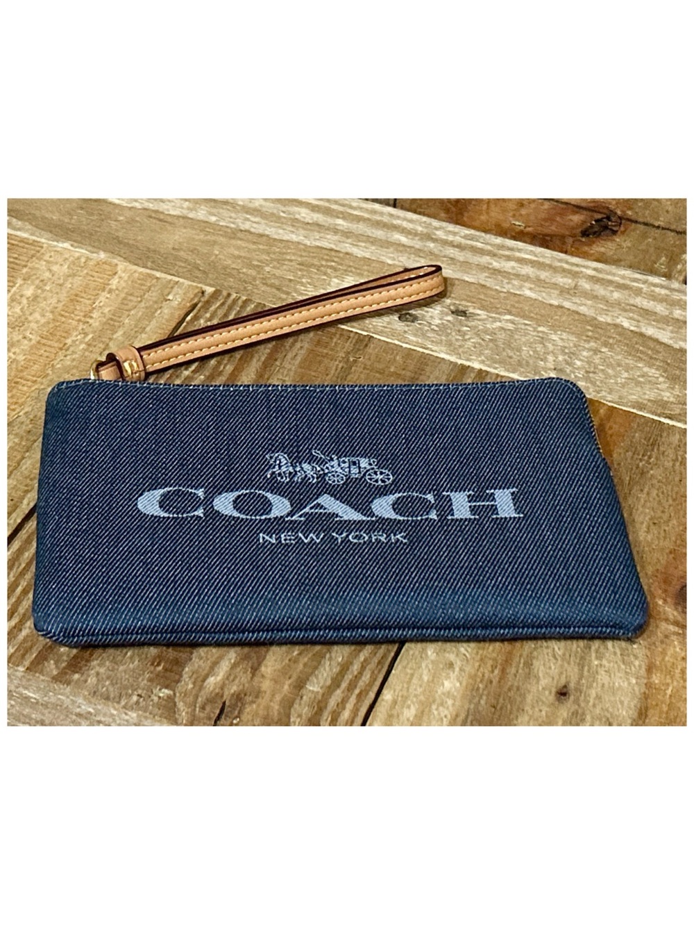 Coach Denim and Leather Large Signature Corner Zip Wristlet. - Picture 6 of 14